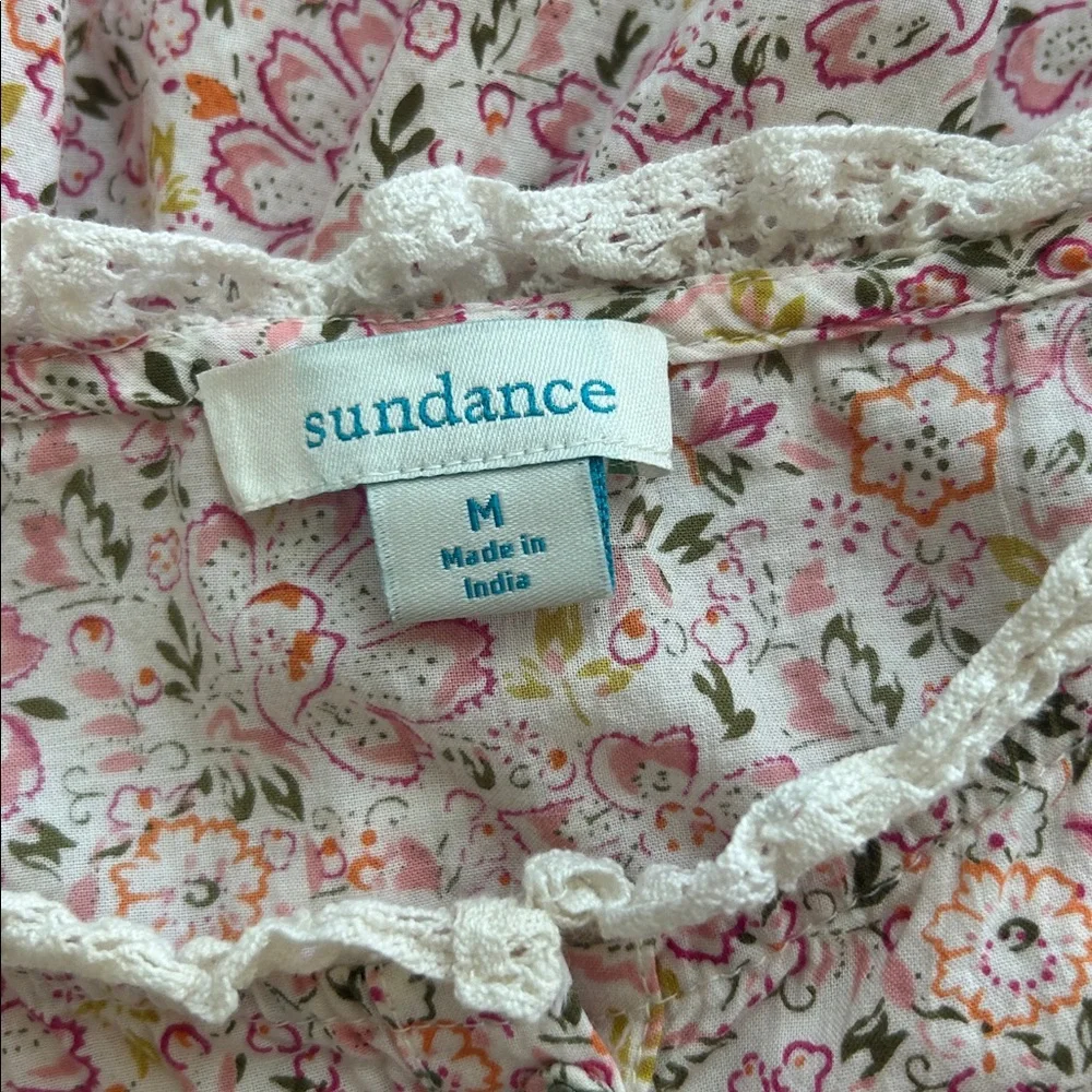 Sundance Pink Floral Nightgown Sleep Dress‎ Tiered Lace Trim Ruffle Cotton M